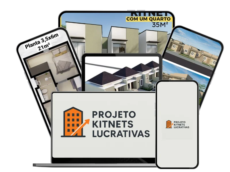 Projeto Kitnets Lucrativas - Mockup com dispositivos mostrando projetos de kitnets